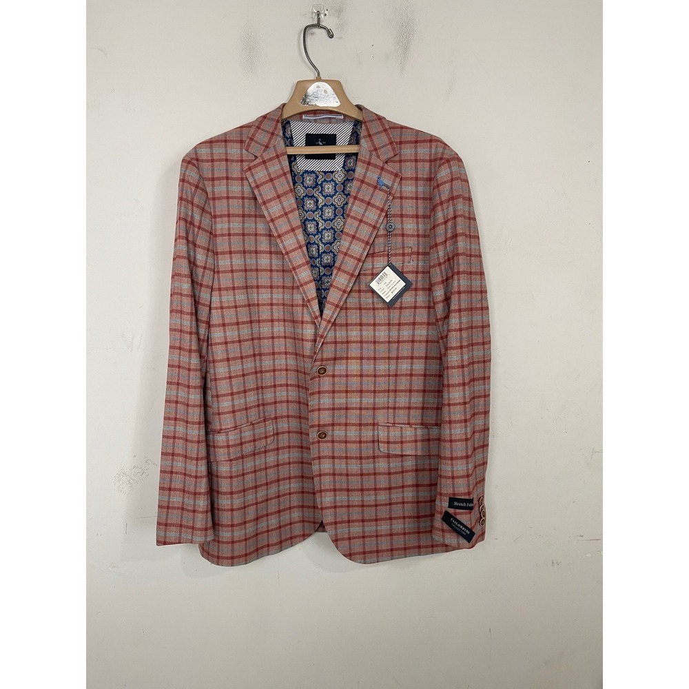 Tailorbyrd Mens 44L Salmon Pink Blue Plaid Stretch Blazer Sport Coat